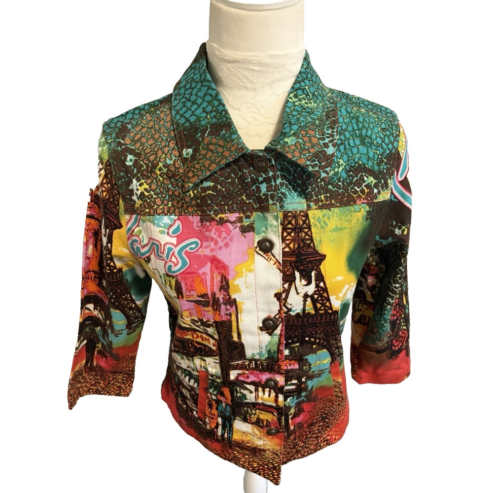 Vtg 90s Mirror Image Patchwork Jacket~S~Eiffel Tower Paris Cotton Maximalist Art